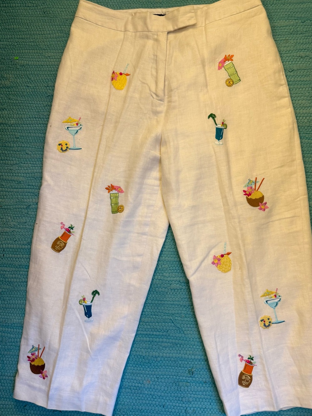Lilly Stanhope Petite White Linen Embroidered Tropical Crop Pants 12P